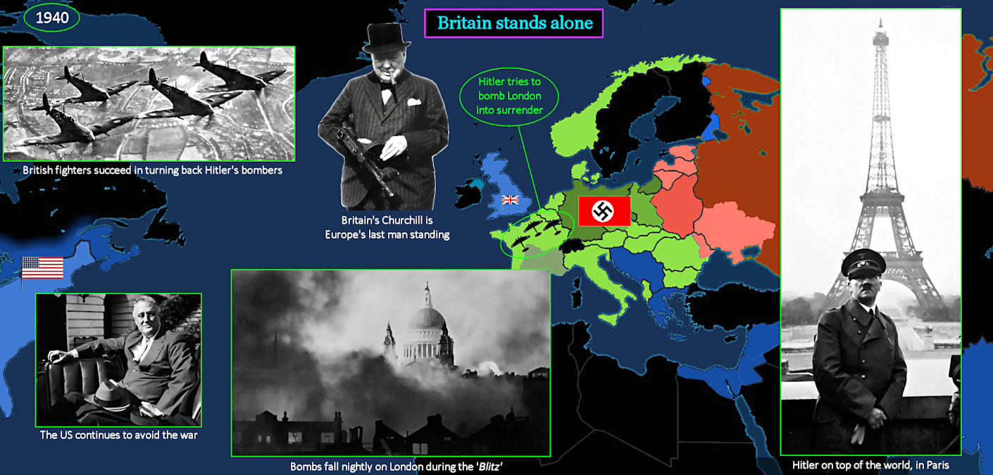 Hitler in Paris, Britain isolated, 1940 map